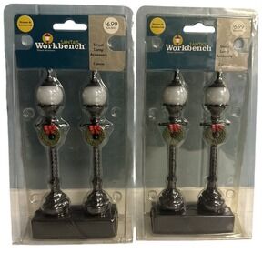 2 X Santa's Workbench‎ Holiday Christmas Village Battery Operated Lamp Posts